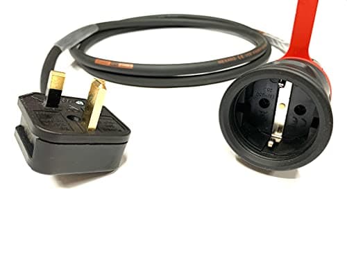 Image of 13Amp UK Plug to European Schuko 240Volt 2 Pin IP44 Socket Adaptor - PCE Black/Red - Heavy Duty H07RN-F Rubber Extension Cable - EU Adapter Converter Fly Lead (2 Metre)