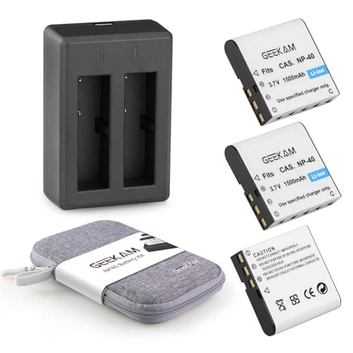 Image of GeeKam CAS. NP-40 Battery Pack, 3 x 1500mAh Rechargeable Batteries with NP 40 Dual Charger for Video Camera Camcorders Compatible for Casio NP-40, Kodak LB-060, GE GB-60 (Not for Fujifilm NP40)