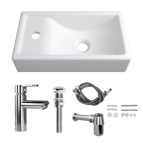 Image of MEJE 41x23 cm Wall Hung Basin Sink Combo, Small Cloakroom Basin, Rectangle Ceramic Bathroom Wash Basin - Left Hand Sink Set (Include Faucet & Pop-up Drain)