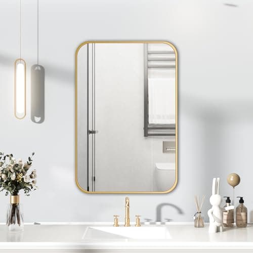 Image of HIGHBATH Gold Frame Mirror 50 x 70 cm, Large Bathroom Wall Mirror, Rectangular Bathroom Wall Mounted Mirrors Hanging Horizontal/Vertica
