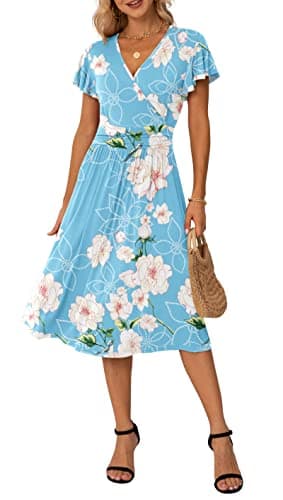 Image of GRECERELLE Womens Summer Wrap Dress Ladies Casual Ruffle Short Sleeve V-Neck Floral Beach Dresses for Women (Fp Light Blue, M)