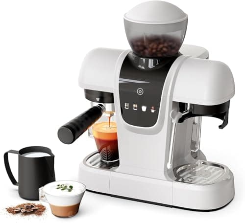Image of 20 Bar Semi-Automatic Espresso Machine with Built-in Grinder & Steam Wand, Pre-Infusion, NTC Temperature Control, 58mm Single/Double Portafilter, Removable Water Tank & Drip Tray-White Coffee Machine