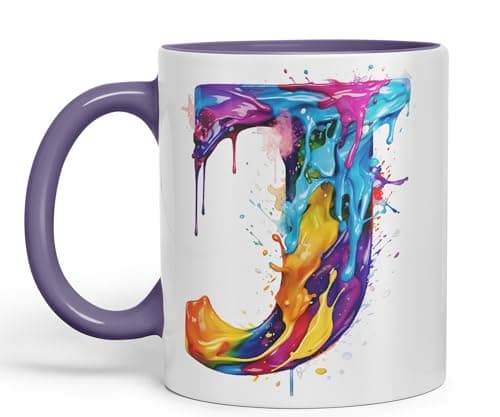 Image of Vixar Letter J Mug, Alphabet Letter J Monogram Watercolour Ceramic Coloured Mug Cup for Tea Coffee Hot Brew 330ml 11Oz Gift (Purple)
