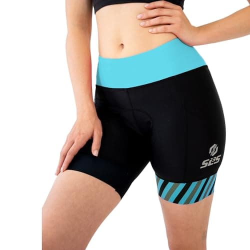 Image of SLS3 Womens Tri Shorts | Triathlon Shorts for Women| 6 inch Black FRT Solid | Super Comfy with Soft Chamois | Designed by Athletes (Black/Martinica Blue Stripes, Small)