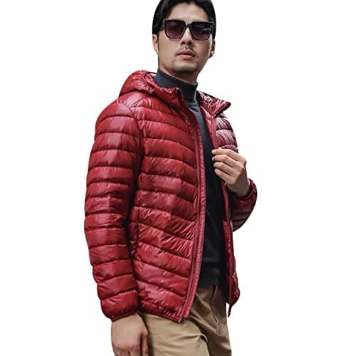 Image of OADOBKICE Lightweight Down Jacket Men With Hood Mens Down Coats Men'S Ultra Light Packable Down Jacket Down Filled Coat Parka Quilted Padded Hooded Puffer Jacket Ladies Bubble Men Hooded Wine Red 4XL