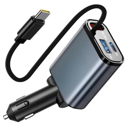 Image of 80W Retractable Car Charger, 3-in-1 Fast Charge USB C Car Charger Adapter with 30W PD Type-C Cable & USB Ports, Cigarette Lighter Phone Charger for iPhone 15/14/13, Samsung S24/S23, Android
