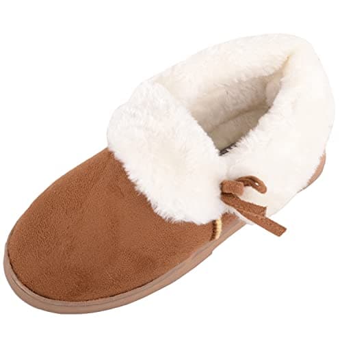 Image of ABSOLUTE FOOTWEAR Womens Faux Fur Lined Cuff Bow Design Slip On Bootie Slippers - Chesnut - UK 5 / EU 38