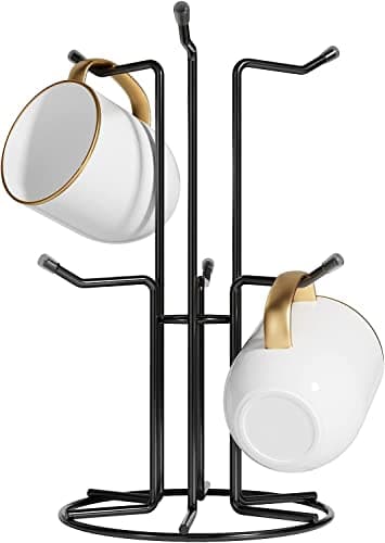 Image of HULISEN Mug Tree with 6 Hooks for Large Mugs, Metal Mug Holders for Kitchen, Easy to Hang and Place Cup Stand for Mugs, Standing Display Coffee Mug Rack, Black.