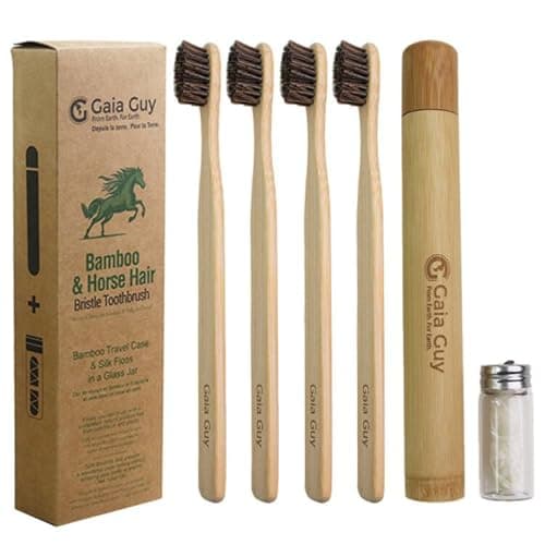 Image of Gaia Guy Bamboo and Horsehair Bristle Toothbrush (4 Pack) + Travel Case & Silk Dental Floss | 100% Compostable Bristles and Floss | Eco-Friendly Dental Set | Biodegradable Wooden Toothbrushes
