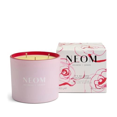 Image of NEOM It's All Rosy Scented Candle 420g (3 Wick) I Rose, Geranium and Orange I 100% Naturally Derived Wax I 11 Essential Oils I Uplift Your Mood I Valentine Gift I Cruelty Free