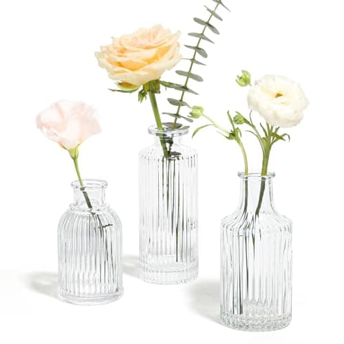 Image of ComSaf Glass Bud Vases Set of 3, Small Flower Vases in Bulk, Mini Ribbed Vases for Centerpieces, Clear Vintage Vases for Table Decorations, Wedding, Party, Receptions, Home Decor (Different Sizes)