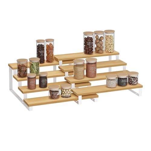 Image of SONGMICS Spice Rack, Set of 2 Cabinet Shelf Organisers, 4-Tier Extendable Spice Holder, Engineered Wood, Stackable, for Pantry, Cupboard, Countertop, Natural Beige and Cloud White KCS216N02