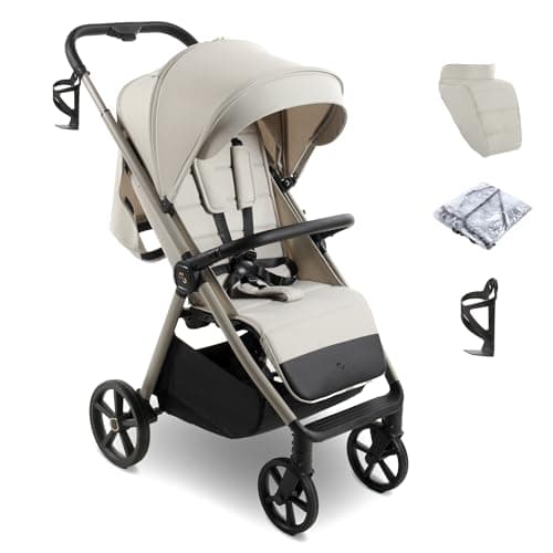Image of My Babiie MB170 Plus Pushchair – from Birth to 4 Years (22kg), 4-Wheel Suspension, Large Basket, XL Canopy, Foldable, Compact, Stroller with Footmuff, Cup Holder, Rain Cover – Ivory