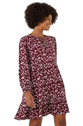 Image of Roman Originals Smock Dress for Women UK Ladies Cotton Summer Embroidered Frilled Tiered Casual Beach Cruise Holiday Cocktail Party 3/4 Sleeve Pull On Gathered Skirt - Wine - Size 14