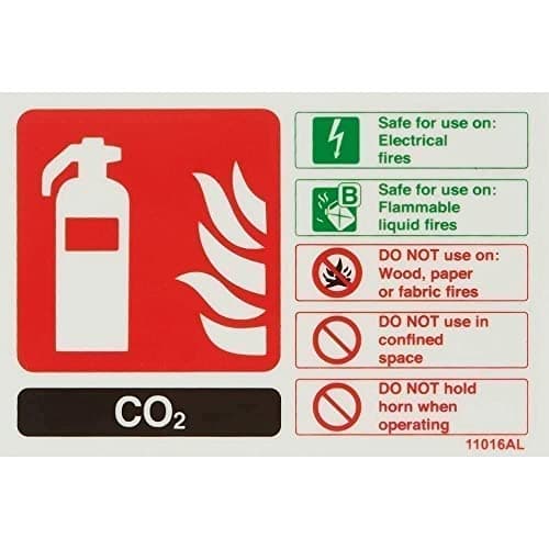 Image of V Safety 11016AL-G Glow In The Dark Co2 Id Fire Extinguisher Sign - 150mm x 100mm - Rigid Plastic, Black/Green/Red