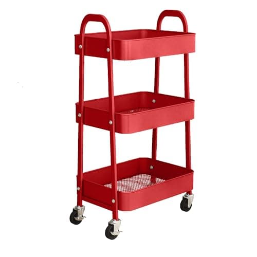 Image of simpa 3 Tier Metal Multipurpose Wheeled Storage Tray Cart - RED 78.5cm (H) x 46cm (W) x 30.5cm (D)