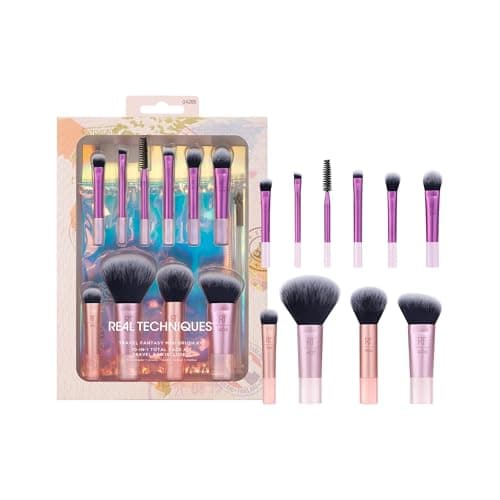 Image of Real Techniques Travel Fantasy Mini Brush Kit, Makeup Brushes For Eyeshadow, Highlight, Contour, Powder, and Concealer, Travel-Sized Brushes and Cosmetic Bag, Synthetic Bristles, 11 Piece Set