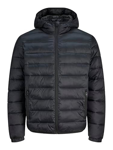 Image of JACK & JONES Men's Puffer Jacket With Full Zip Long Sleeve Hooded Jacket for Men,Black Colour, UK Size- XL