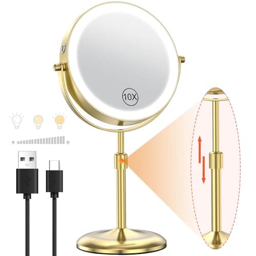 Image of Benbilry Lighted Makeup Mirror with 3 Color Lights & 10X Magnification, Adjustable Brightness & Height, 7 Inch 360° Swivel Rechargeable 10X LED Magnifying Vanity Mirror with Light, Gold