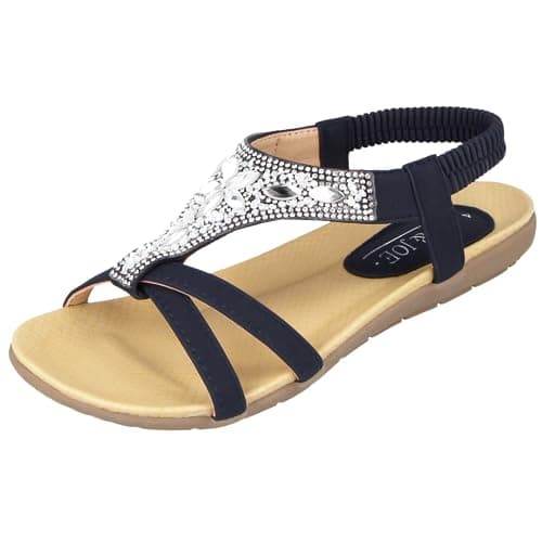 Image of Jo & Joe Ladies Faux Leather Peep Open Toe Sling Back T-Bar Dimante Flat Flip Flop Sandals Size 3-8 (UK 4, Navy)