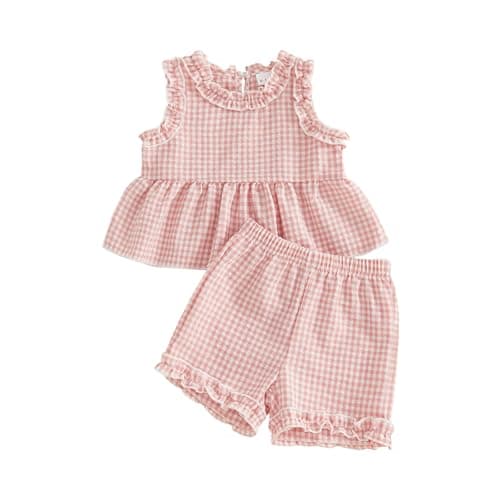 Image of Geagodelia Kids Toddler Baby Girls Summer Clothes Gingham Print Ruffled Trim Sleeveless Peplum Tops and Shorts Set Cute 2 Piece Outfit (Pink, 2-3 Years)