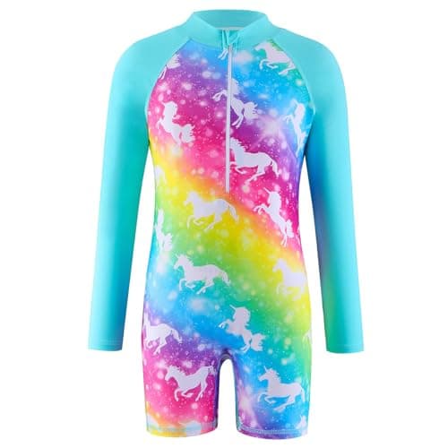 Image of Atorcher Swimming Costume for Girls One Piece Swimsuit Rash Gurad Swimsuits Long Sleeve Swimwear Bathing Suit High Neck Swimwear (UK, Age, 5 Years, 6 Years, Regular, Cyan Unicorn)