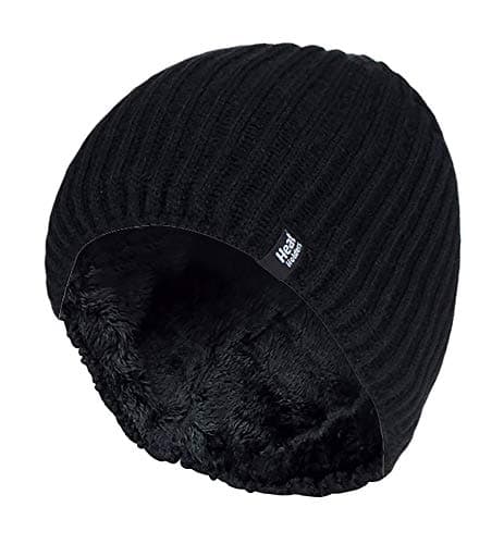 Image of HEAT HOLDERS - Mens Fine Ribbed Fleece Lined Thermal Winter Knitted Beanie Hat (One Size, Black (Halden))