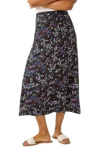 Image of Roman Jersey Skirt for Women UK - Ladies Midi Maxi Floral Animal Print Autumn Winter Swing Smart Casual Office Cocktail Party Going Out Evening Holiday Cruise - Onyx Blue - Size 12