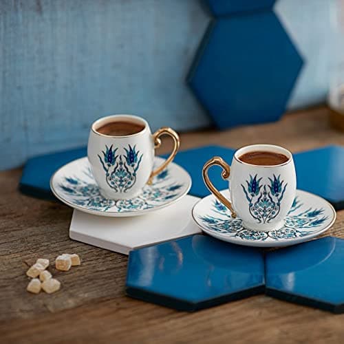 Image of KARACA Iznik Turkish Coffee Cup Set for 2 People - 4 Piece Cups with Saucers - Small Porcelain Espresso Set - Ideal for Serving Greek, Arabic Coffee (80 ml)
