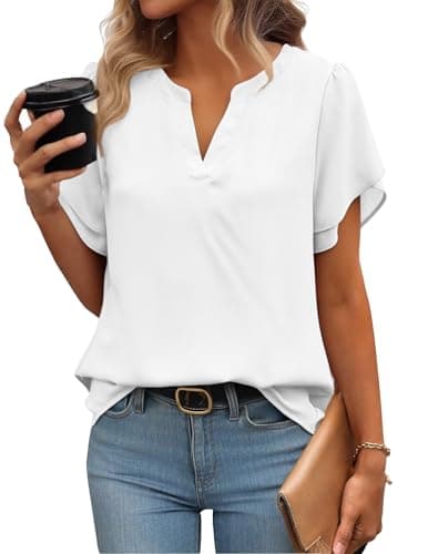 Image of Zeagoo Tops for Women UK Summer Blouses Casual Soft Short Sleeve Tunic Tops Elegant Ladies Blouse Floral Chiffon Double Shirts A-White S