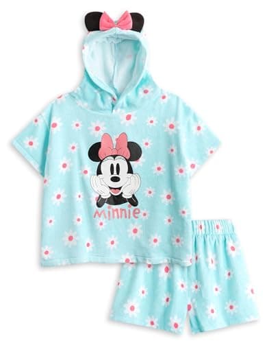 Image of Disney Minnie Mouse Blue Flower Print 2 Piece Towelling Co-ord | Girls Hooded Outfit with 3D Ears & Bow | Beachwear, Poolside, Summerwear & Casualwear Set - 18-24 Months