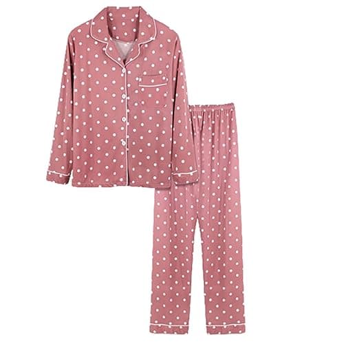 Image of Cotton Pjs For Women Sets Long Sleeve - Button Up Pyjamas For Women Uk Two Piece Comfy Sleepwear With Collar And Pocket Plaid V Neck Cuffed Matching Pjs Elastic Waist Soft Loungewear Sets Pink