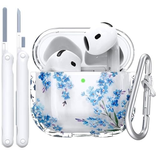Image of VISOOM Clear Case Compatible with Airpods 4th Generation 2024, Support Wireless Charging, Shockproof, Soft TPU Transparent Reduced Yellowing for AirPods 4 Cases with Cleaning Kit(Blue Flower)
