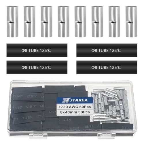 Image of JTAREA 100 Pieces 12-10 AWG Butt Connectors Uninsulated Set with Heat Shrink Tube Non-Insulated Butt Connectors Butt Connectors Crimp Connector 4-6 mm² Cable Crimp Connection for Automobile Boats