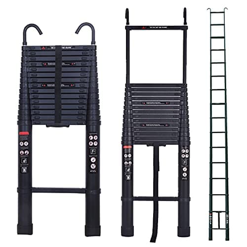 Image of 6.2M/20.5FT Telescopic Ladder Aluminum Folding Ladder with Detachable Hooks Attic Ladder Collapsible Ladder Easy to Retract for Home Use Business Roof RV Outdoor Activities EN131 CE Standards (Black)