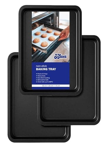 Image of Non Stick Baking Tray Set of 3 – 32cm Oven Tray Set, Baking Sheet & Cookie Sheet, Heavy Duty Roasting Tray, Dishwasher Safe Easy Clean Bakeware by BLUES®