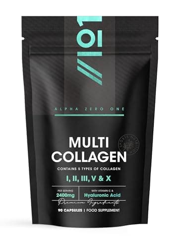 Image of Multi Collagen 2400mg – Types I, II, III, V & X – 90 Capsules – Wild Caught Marine, Grass Fed Bovine, Eggshell & Free-Range Chicken Collagen Powder, with Hyaluronic Acid & Vitamin C – by Alpha01