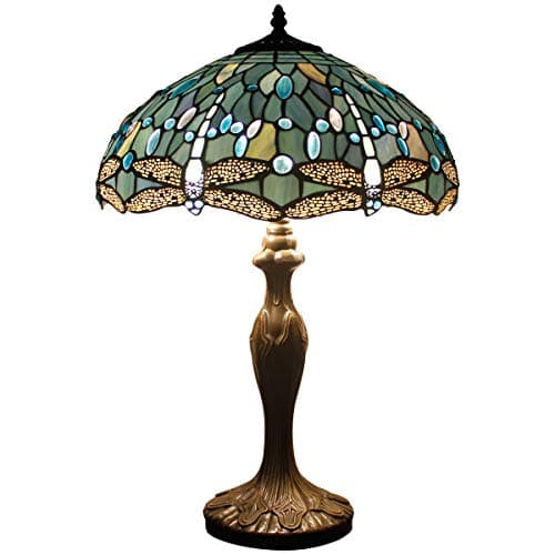 Image of WERFACTORY Tiffany Lamp Sea Blue Stained Glass Bedside Table Lamp Dragonfly Style Desk Reading Light Metal Base 16X16X24 Inches Decor Bedroom Living Room Home Office S147 Series