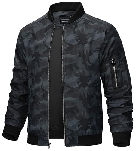 Image of TACVASEN Bomber Jacket Men Summer Lightweight Jacket Casual Varsity Sports Baseball Coat Windbreaker Black Camo L