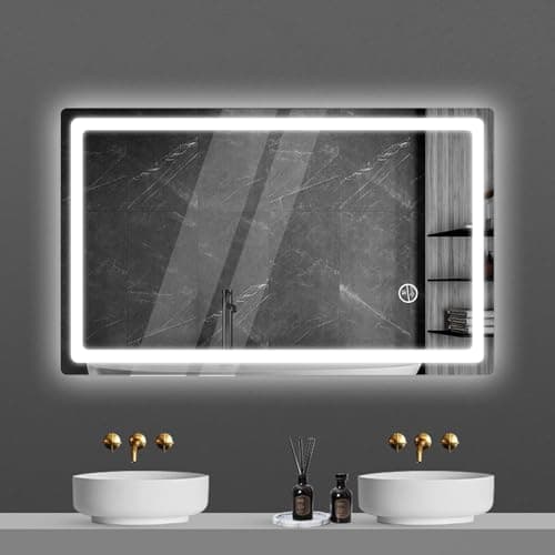 Image of Wooten Bathroom Mirror with LED Lights, 60x40 cm LED Wall Mirror with Anti-Fog, Dimmable Lights, Touch Control & Memory Function, Horizontal/Vertical,for Bedrooms