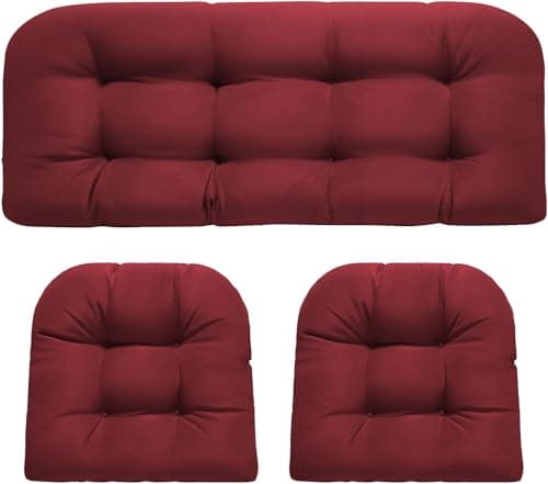 Image of 3 Pieces Replacement Garden Chair Cushion Set for Rattan Chair, All Weather Waterproof Wicker Bench Cushions Thickened Garden Outdoor Furniture Cushions 1 Loveseat & 2 U-Shaped Rattan Cushions, Red