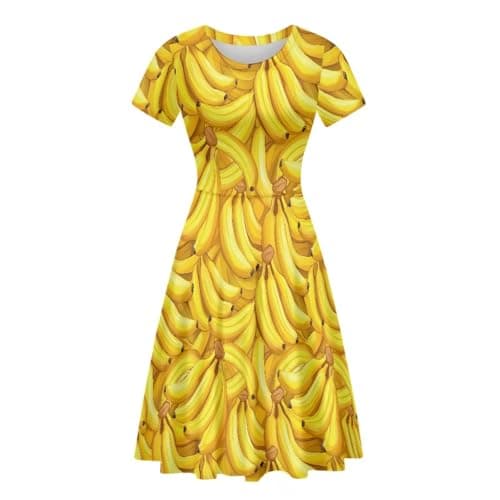 Image of SYtrade Womens Short Sleeve Dress Crewneck Waisted Trendy Graphic Flared Flowy Maxi Dress, Banana Yellow, S