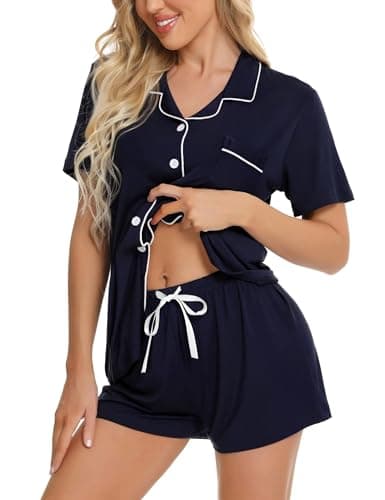 Image of SWOMOG Womens Button Down Pyjamas Set Short Sleeve Sleepwear Bride Soft Pj Lounge Sets Navy Blue