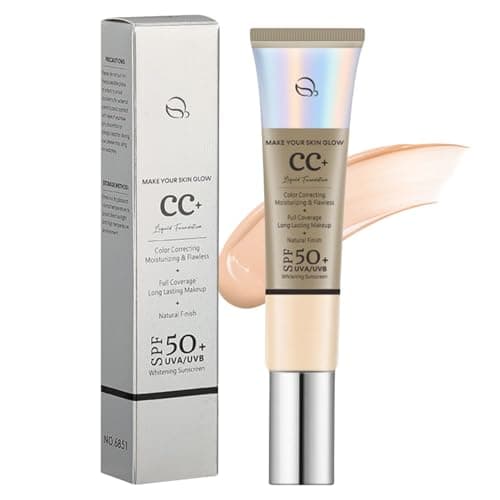 Image of CC Cream Foundation SPF50+, Full Coverage Foundation with Vitamin E and Hyaluronic Acid, Colour Correcting and Brightening Face Cream, Skin Tone Adjusting Cream for a Natural Glowy Finish(02#Natural)