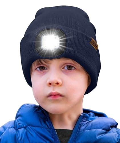 Image of ATNKE Kids LED Lighted Beanie Hat,USB Rechargeable 4 LED Running Headlamp Ultra Bright Cap with Light Hands Free Head Torch Winter Warm Knit Beany Great Gifts for Boys and Girls/Light Navy Blue