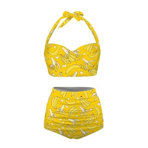 Image of Annejudy Women Two Piece Bikini Set Swimsuit Halter Ruched High Waist Bikini with Bottom, Banana Pattern, Large