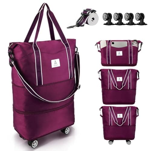 Image of Arxus Rolling Duffle Bag with Detachable Wheels and Adjustable Shoulder Strap, Large Expandable Foldable Carry On Luggage Bag with Handle and Suitcase Sleeve, Weekender Bag for Travel Airplane