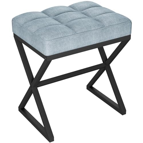 Image of YMYNY Vanity Stool, Linen Footrest Stool, Square Ottoman Bench with X-Shaped Metal Legs, Makeup Dressing Stool for Vanity, Living Room, Bedroom, Entryway, Hallways 40×30×46CM Blue Gray HBD033L