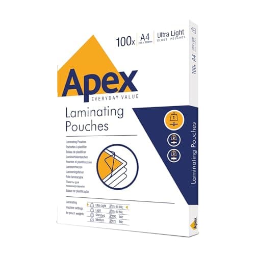 Image of Fellowes Apex A4 Laminating Pouches, Glossy Finish, 100 Sheets - Super-Flex - Ideal for Notices and Photos