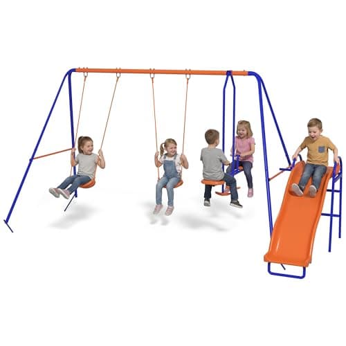 Image of Outsunny Swing Set, 4 in 1 Metal Garden Swing Set with 2 Seats, Glider, Slide, Ladder, Heavt-Duty A-Frame, Outdoor Playground Playset for Kids 3-8 Years Old, Hold up to 225kg
